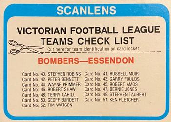 1979 Scanlens VFL - Team Checklists #NNO Checklist: 40-52 Front